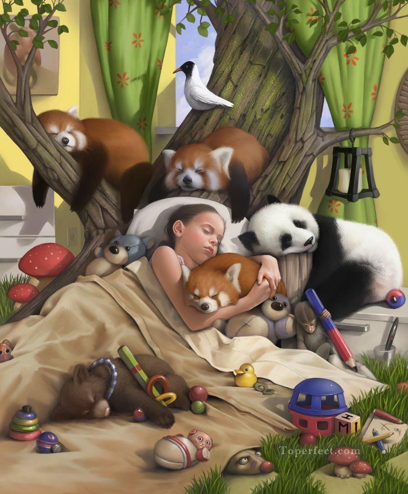schlafen Mädchen und Bär Panda Affe Ölgemälde